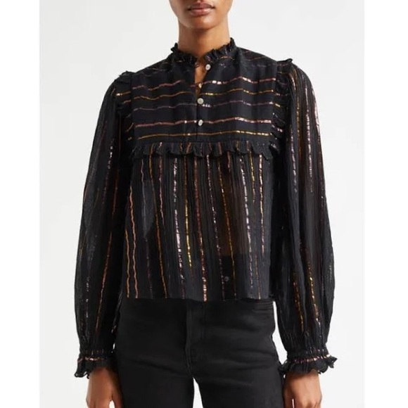 FARM RIO Metallic Stripe Ruffle Shirt In Black - Picture 1 of 8